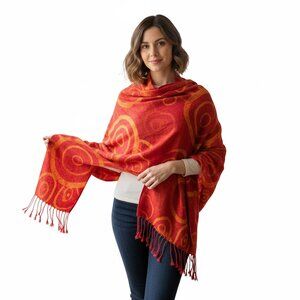 PASHMINA One Size Red/Orange Cashmere Silk Blend Shawl Wrap Fringe